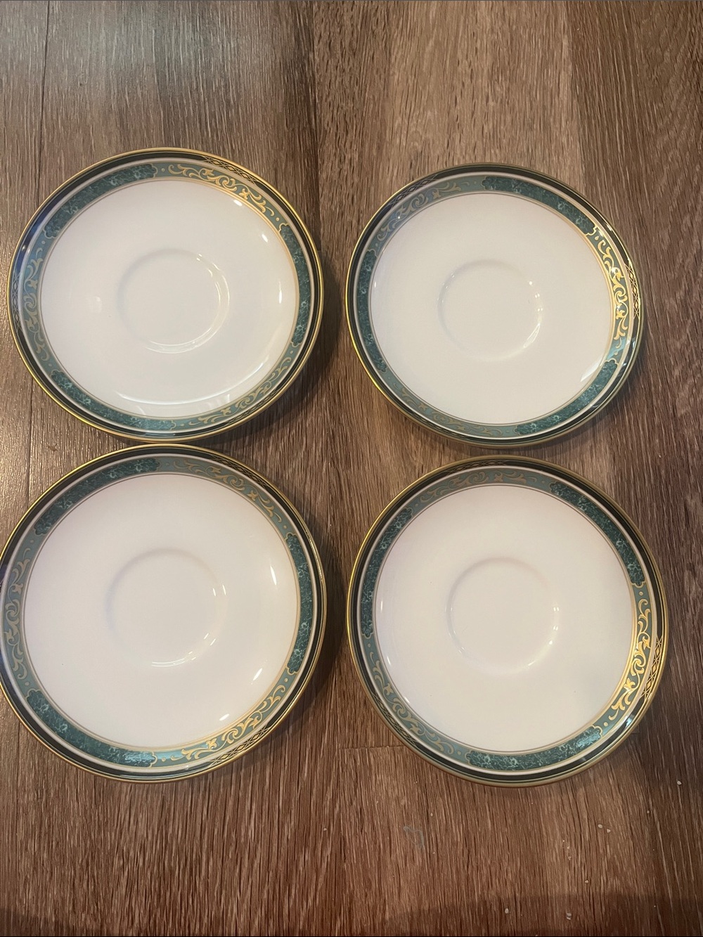 Mikasa Venetian Manor Saucers with Green and Gold Band - Set of 4